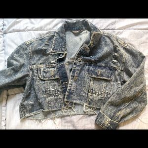 Distressed cropped denim jacket with rips